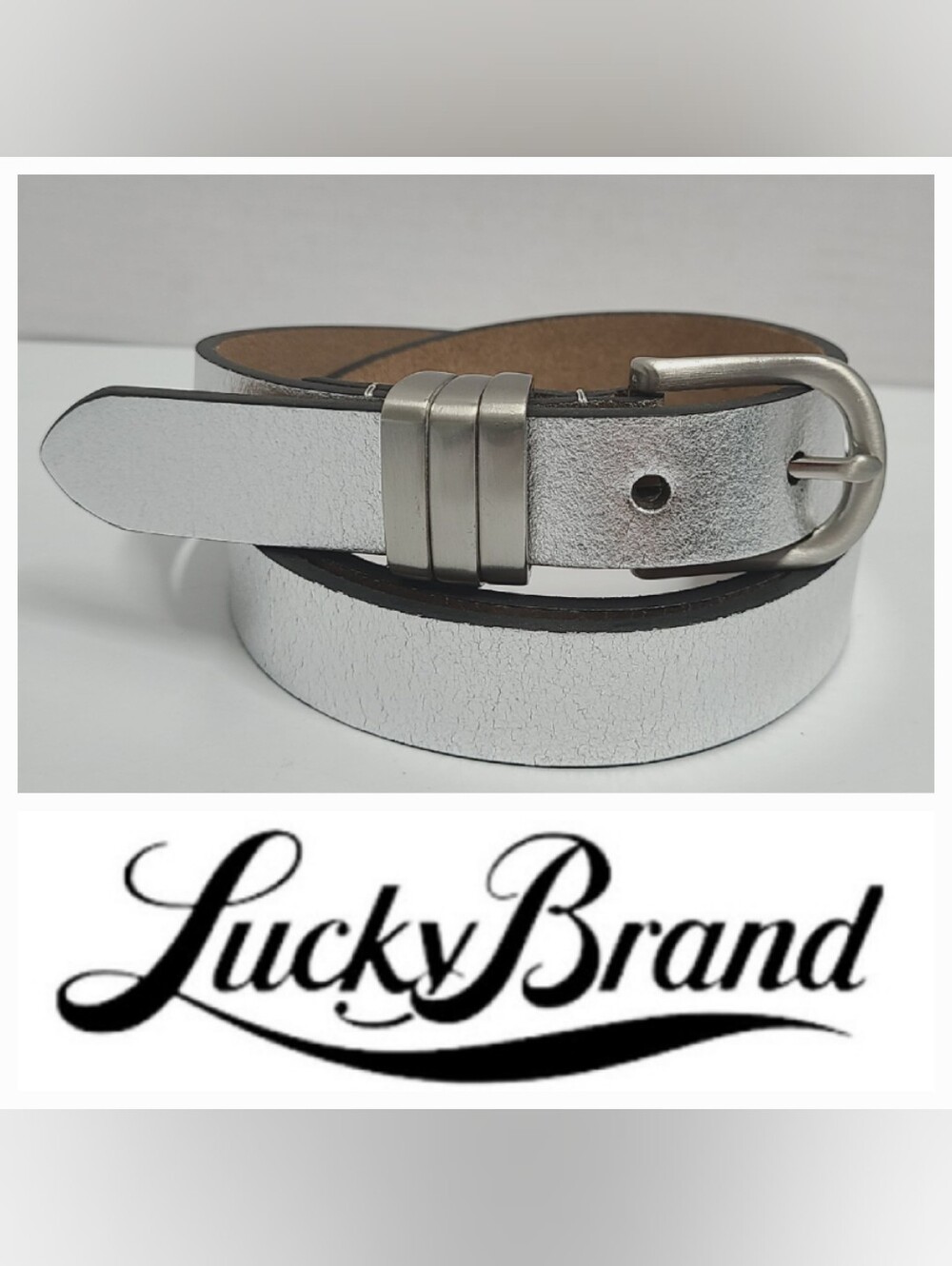 Lucky Brand Silver Leather Belt Triple Keeper Size L Crackled Metallic BohoChic